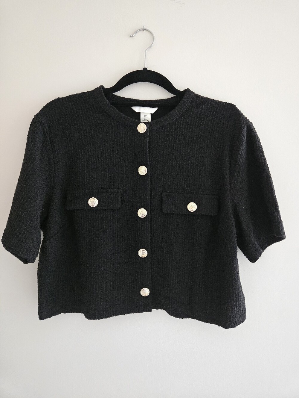 H&M Black Short-Sleeve Button-Down Tweed-Look Blouse with Sliver Button Snaps
